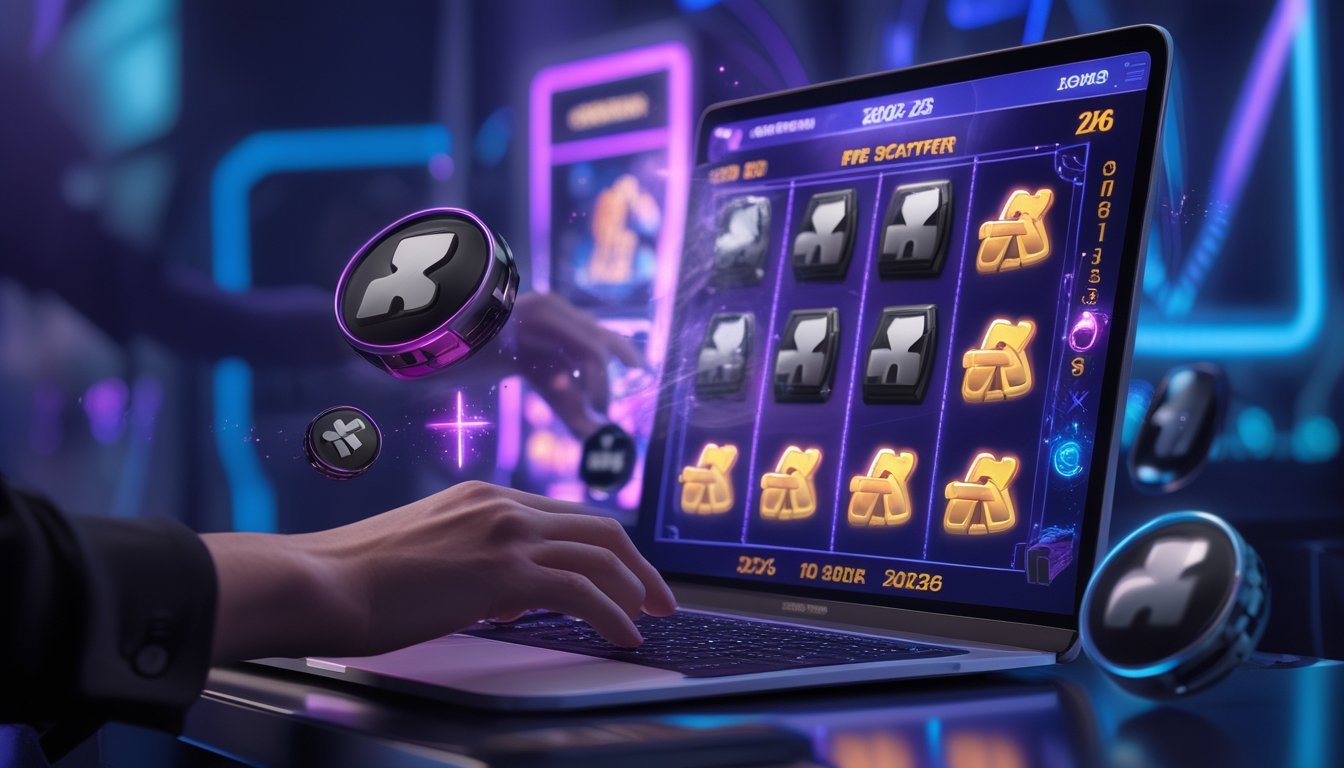 Seseorang menggunakan laptop dengan tampilan permainan slot online berwarna hitam dan simbol scatter, di latar belakang pencahayaan biru dan ungu yang futuristik.