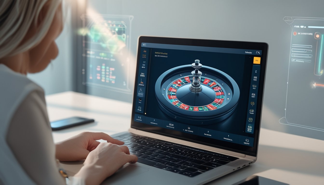 Seseorang sedang bermain roulette online di depan layar komputer dengan tampilan roda roulette digital dan antarmuka taruhan.