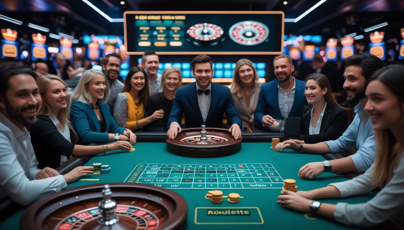 Meja roulette dengan pemain dan dealer yang sedang bermain di kasino online langsung.