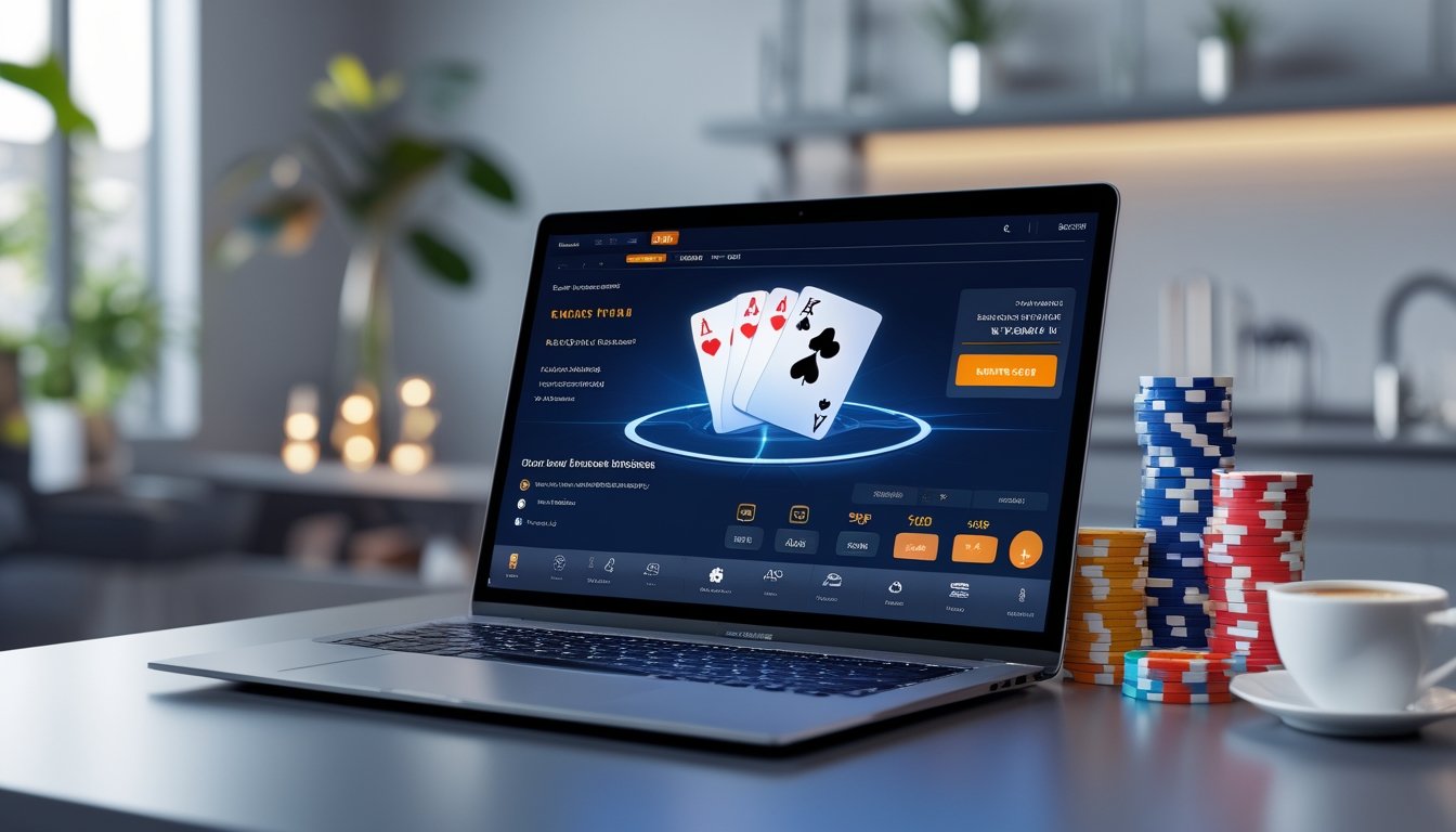 Seorang pemain poker online sedang menggunakan komputer dengan tumpukan chip poker dan kartu bermain di meja yang rapi.