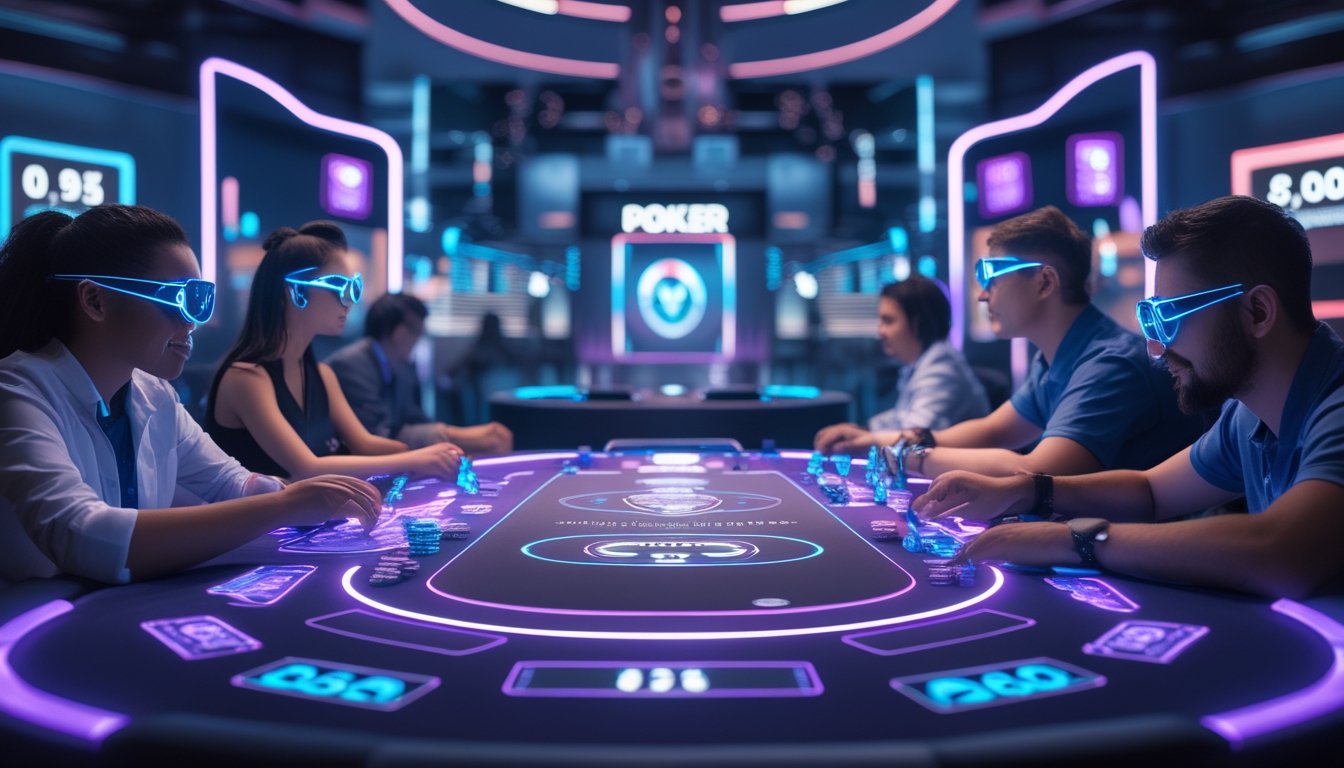 Beberapa pemain poker sedang bermain di meja poker digital futuristik dengan kartu dan chip holografik, menggunakan perangkat teknologi canggih di latar belakang kota modern.