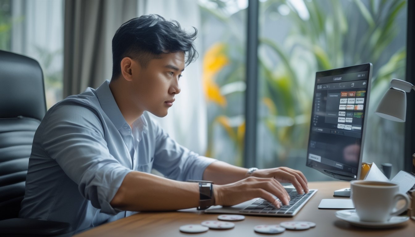 Seorang pria muda fokus bermain poker Texas Hold'em online di laptop di ruang kerja rumah yang terang dengan tanaman tropis di luar jendela.
