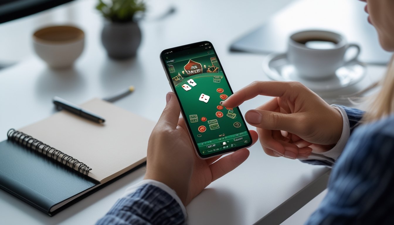 Seseorang menggunakan ponsel pintar untuk bermain poker online di meja kerja dengan alat tulis dan kopi di sekitarnya.