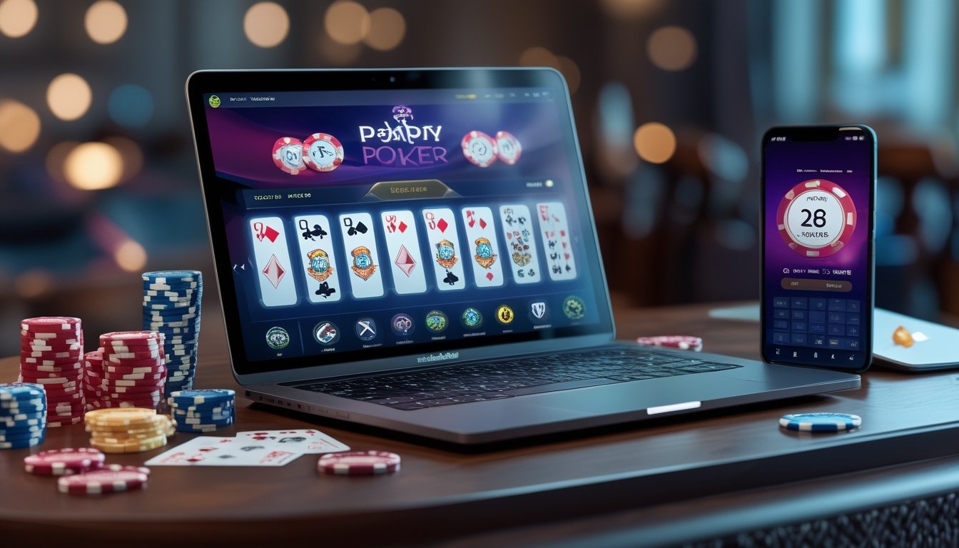Sebuah meja dengan laptop dan ponsel menampilkan permainan poker online, dikelilingi chip poker dan kartu bermain.