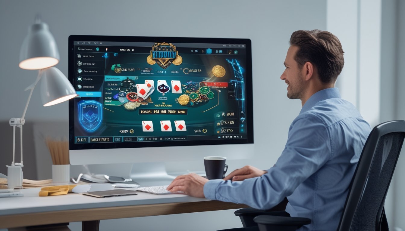 Seorang pemain poker online duduk di depan komputer dengan tampilan permainan poker digital dan chip poker di layar.