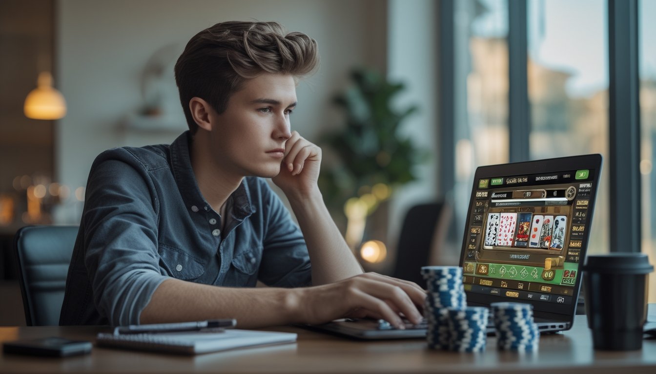 Seorang pemain poker sedang fokus bermain poker online dengan laptop dan tumpukan chip poker di meja.
