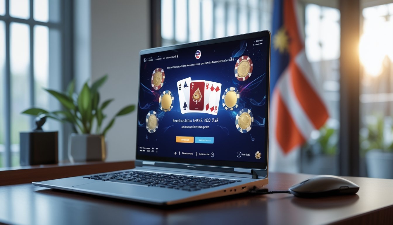 Sebuah meja kerja modern dengan laptop yang menampilkan permainan poker online, dengan elemen budaya Indonesia dan simbol keamanan yang menunjukkan poker online legal dan aman di Indonesia tahun 2026.