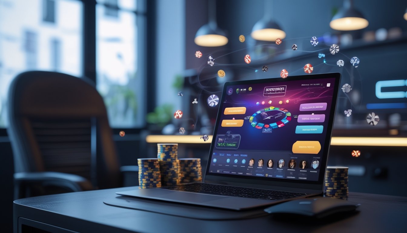 Seseorang sedang bermain poker online di komputer dengan suasana ruangan yang nyaman dan modern.