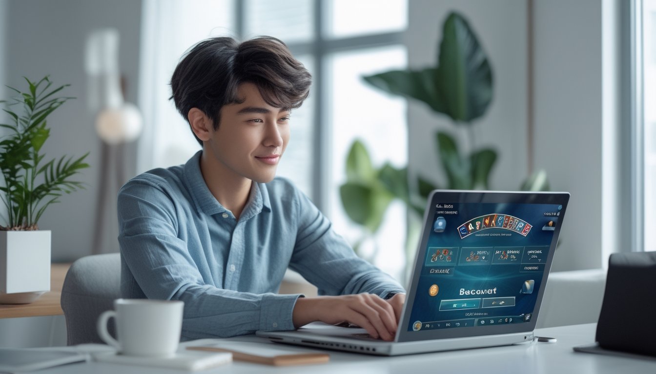 Seorang dewasa muda sedang fokus bermain baccarat online di laptop di ruang kerja yang rapi dan terang dengan dekorasi minimalis.