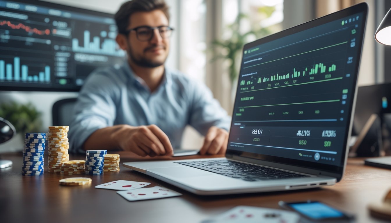 Seseorang sedang fokus bekerja dengan laptop dan kartu remi di meja, menunjukkan suasana strategi permainan baccarat online.