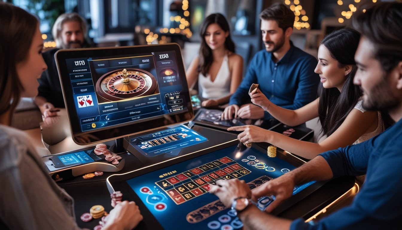 Sejumlah orang bermain kasino online dengan tampilan digital permainan roulette, blackjack, dan baccarat di layar komputer di sebuah ruangan yang nyaman.