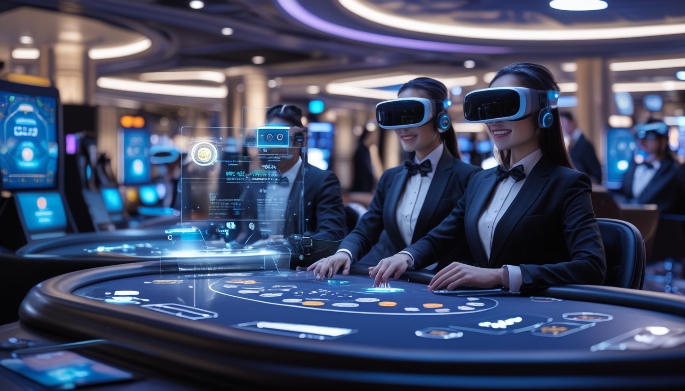 Suasana kasino masa depan dengan pemain menggunakan headset VR dan dealer Indonesia yang berinteraksi dengan teknologi AI di lantai kasino.