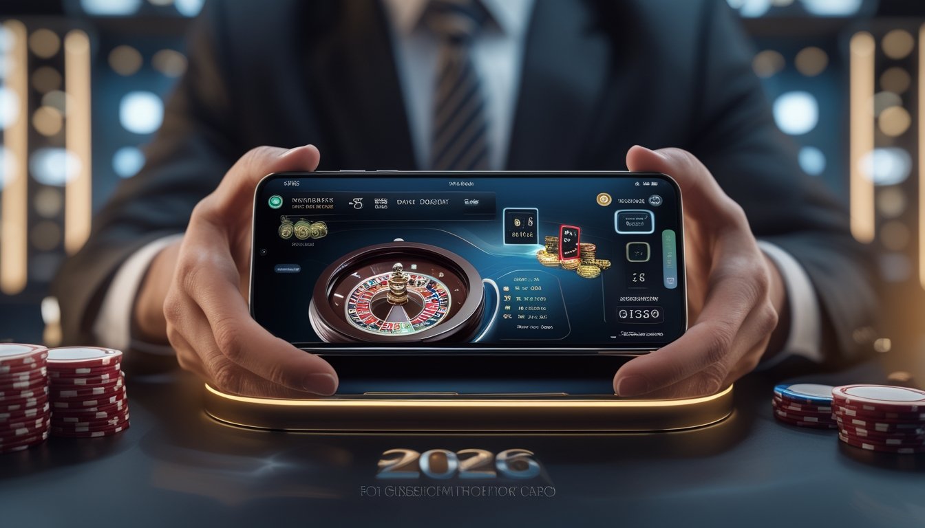 Seseorang memegang ponsel yang menampilkan permainan kasino langsung dengan dealer dan roda roulette yang terlihat jelas.