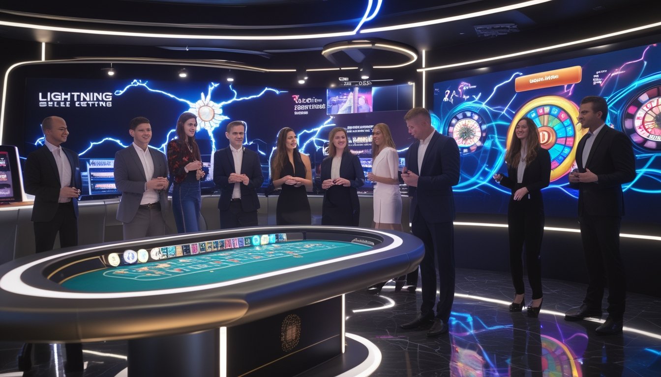 Studio kasino langsung dengan meja permainan Lightning Roulette dan layar besar menampilkan permainan Crazy Time, dengan dealer dan pemain yang sedang bermain.