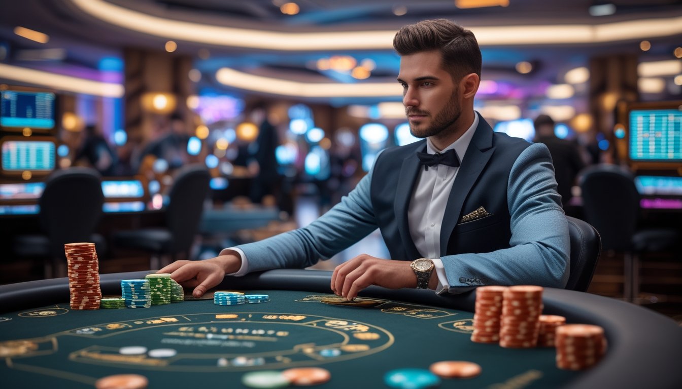 Seorang pemain profesional duduk di meja kasino modern dengan chip dan perangkat digital, mengelola strategi permainan di lingkungan kasino yang ramai.