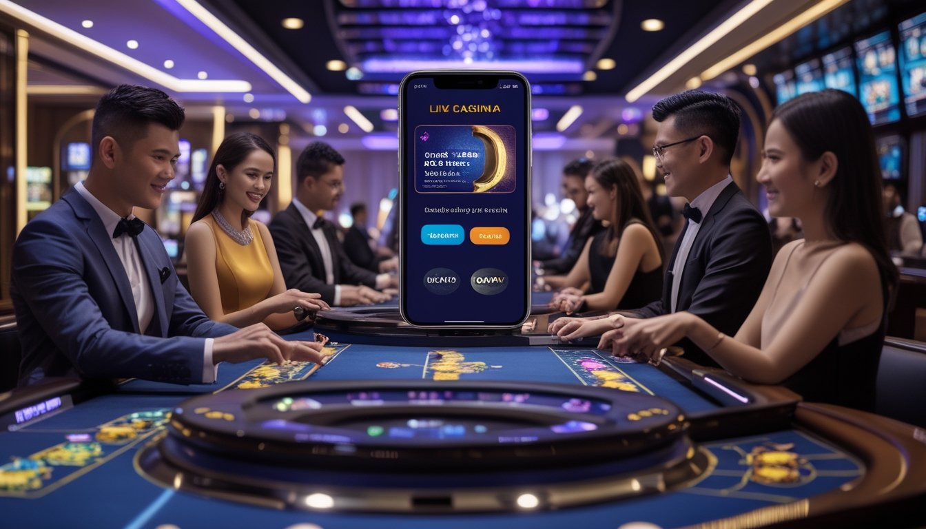 Suasana kasino langsung modern dengan pemain dan dealer, serta layar ponsel yang menampilkan proses pembayaran digital cepat menggunakan Dana, OVO, dan Gopay.