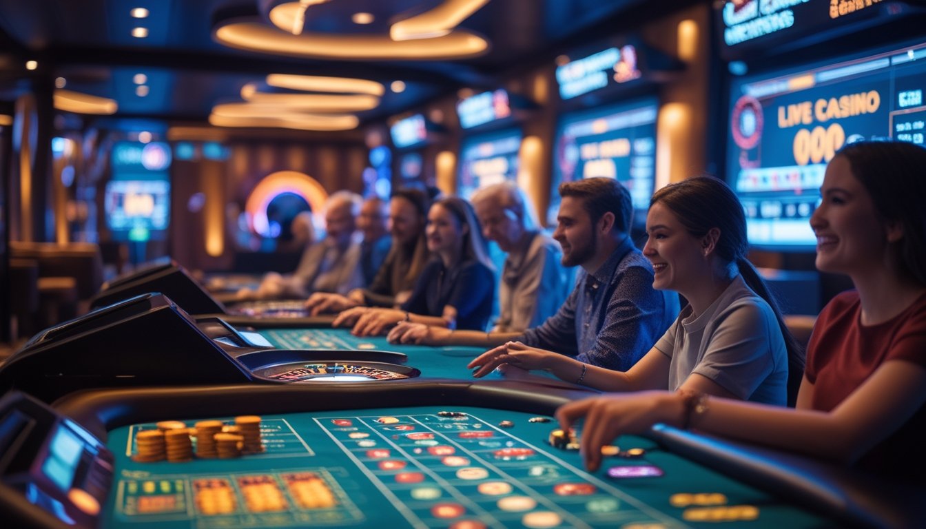 Suasana kasino langsung yang ramai dengan pemain bersemangat bermain di meja permainan seperti rolet dan blackjack, dengan pencahayaan warna-warni dan layar digital di latar belakang.