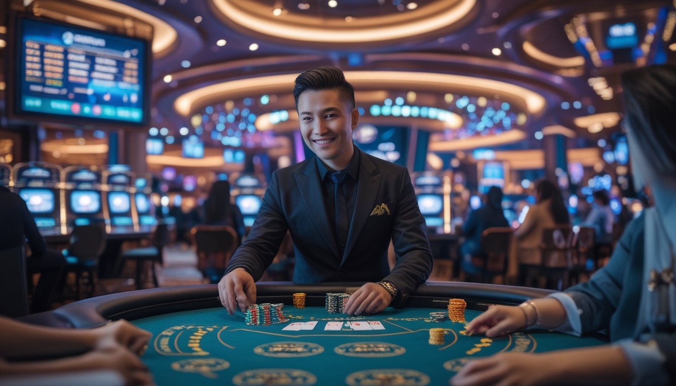 Seorang dealer kasino langsung yang sedang membagikan kartu di meja kasino modern dengan pemain yang memasang taruhan menggunakan chip rupiah.