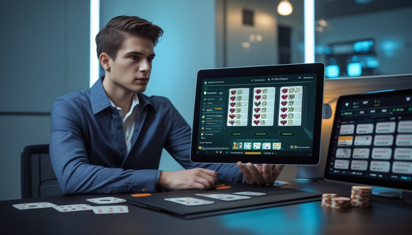 Seorang dewasa muda duduk di meja dengan laptop dan tablet yang menampilkan permainan baccarat, dikelilingi chip poker dan kartu remi, tampak fokus dan berpikir strategis.