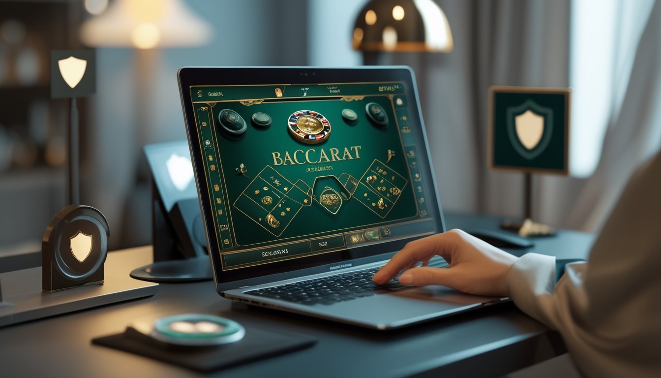 Seseorang menggunakan komputer untuk bermain baccarat online di lingkungan yang bersih dan modern dengan suasana yang profesional dan terpercaya.