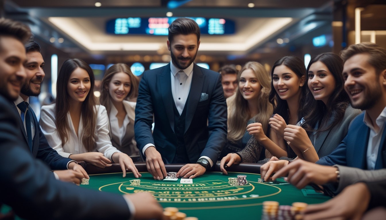 Seorang dealer dan beberapa pemain sedang bermain Baccarat di meja kasino dengan suasana mewah dan lampu ambient.