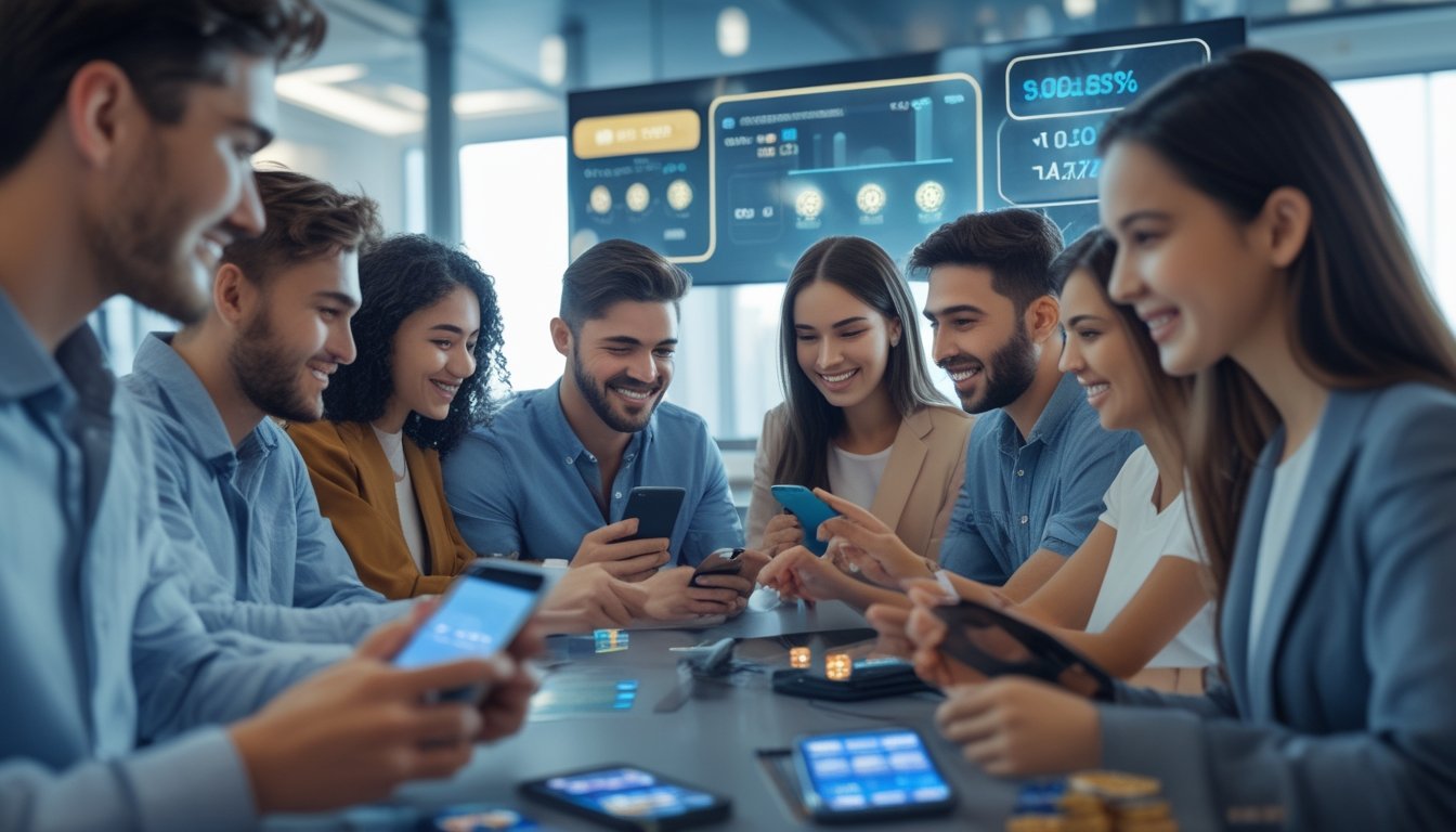 Sekelompok orang muda menggunakan perangkat digital untuk bermain togel online dalam suasana modern dan profesional.