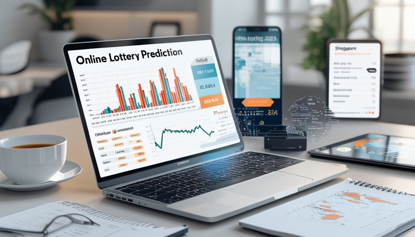 Sebuah ruang kerja modern dengan laptop dan perangkat digital menampilkan data prediksi togel online untuk pasar Singapore, Hongkong, dan Sydney.