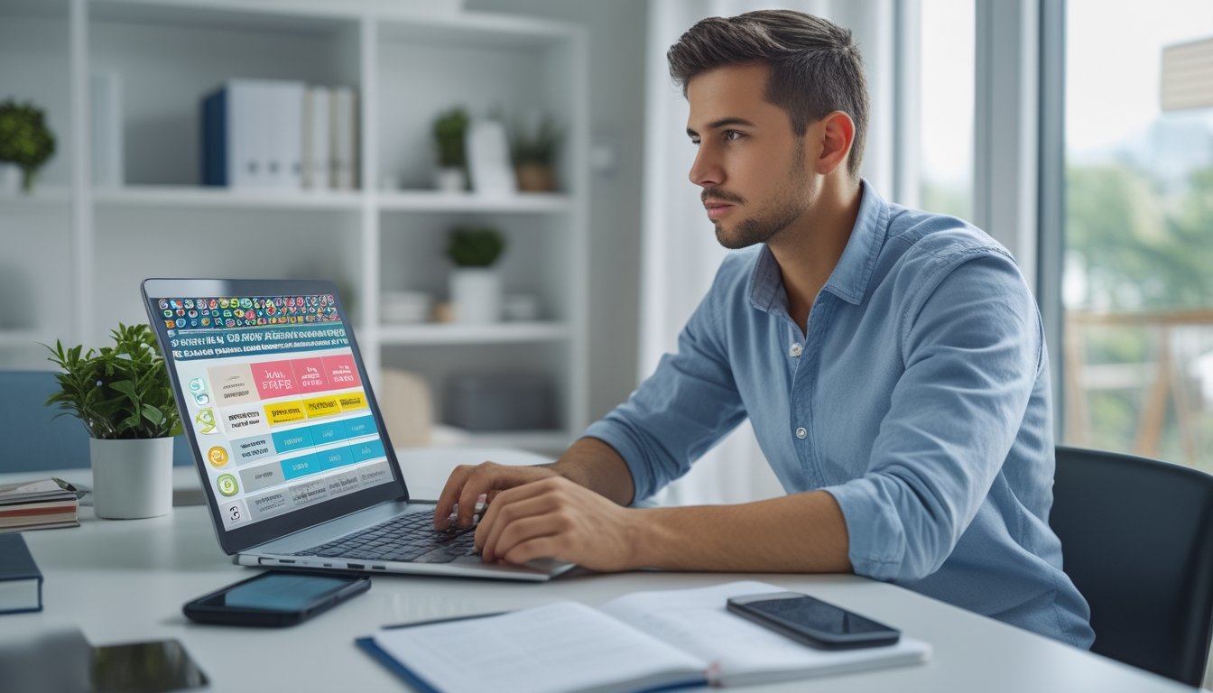 Seorang pria muda duduk di meja kerja dengan laptop dan catatan, fokus mempelajari strategi bermain togel online.