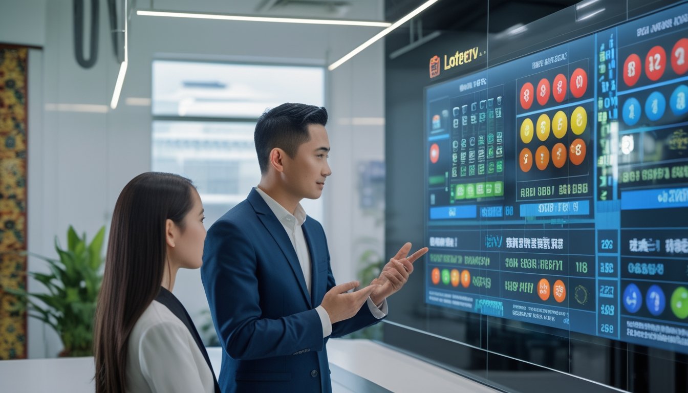 Seorang pria dan wanita Indonesia sedang melihat layar sentuh besar dengan data lotere di kantor modern.