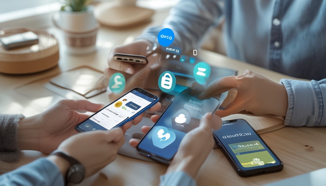 Beberapa orang menggunakan ponsel untuk melakukan pembayaran digital dengan berbagai aplikasi dompet elektronik di lingkungan yang nyaman dan modern.