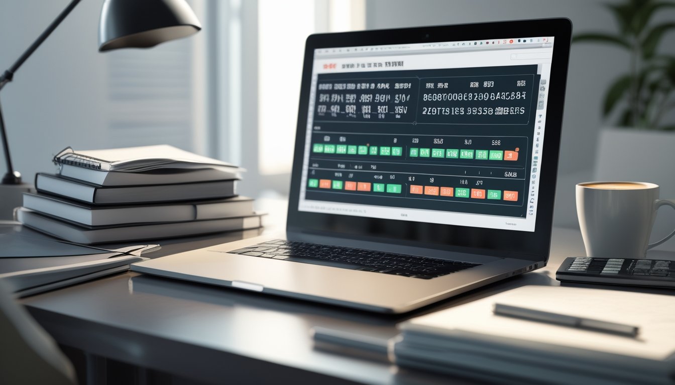 Meja kerja modern dengan laptop menampilkan data angka dan alat tulis, suasana fokus untuk prediksi angka togel Hongkong.