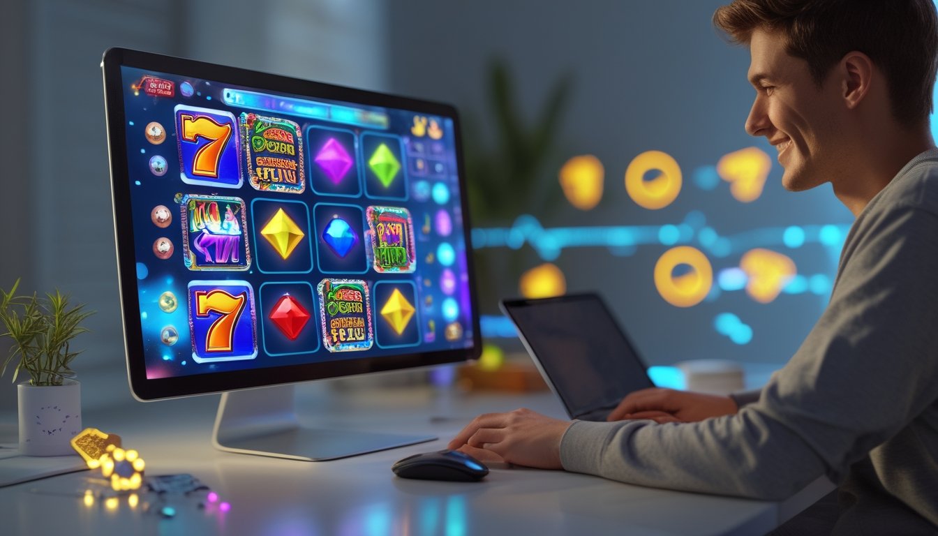 Seorang pemain muda tersenyum menggunakan laptop dengan layar menampilkan permainan slot online berwarna-warni di lingkungan rumah yang nyaman.