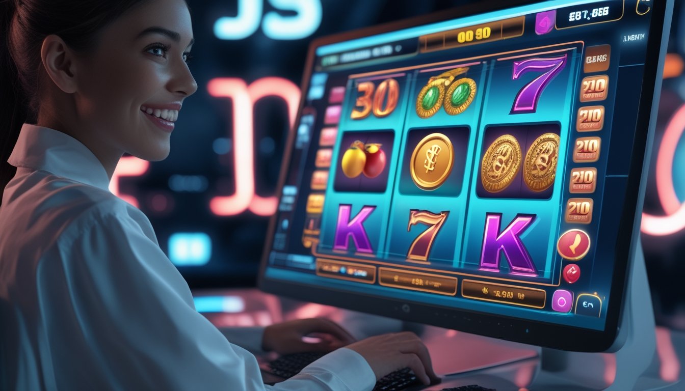 Seseorang menggunakan komputer dengan tampilan permainan slot online berwarna-warni dan latar belakang digital futuristik.