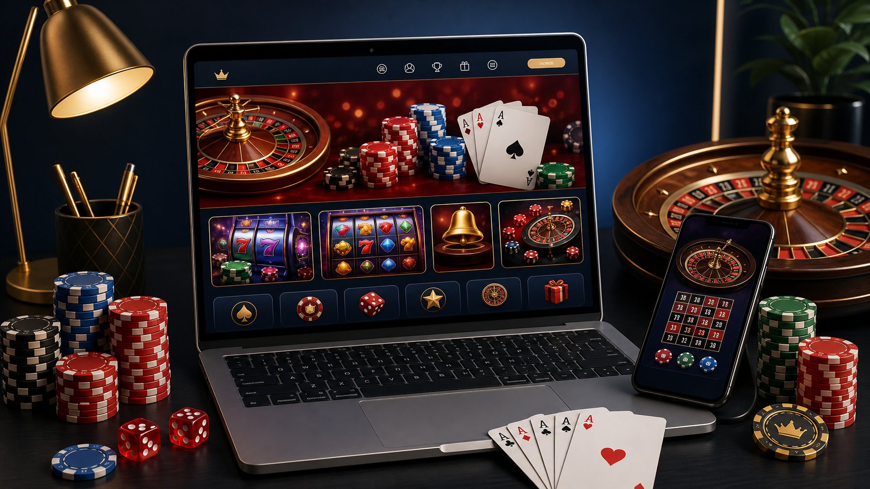 A Laptop On A Desk Displaying A Colorful Casino Website With Poker Chips, Playing Cards, Dice, And A Roulette Wheel Nearby, Representing An Online Casino Review.