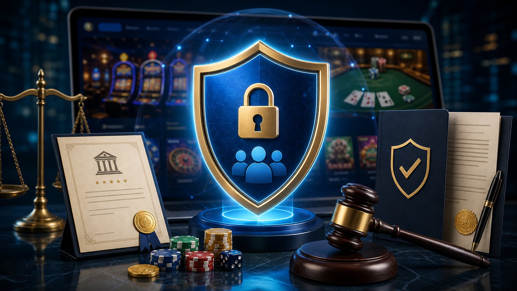 A Digital Scene Showing A Glowing Shield Surrounded By Legal Symbols And A Casino Interface In The Background, Representing Player Protection And Licensing.