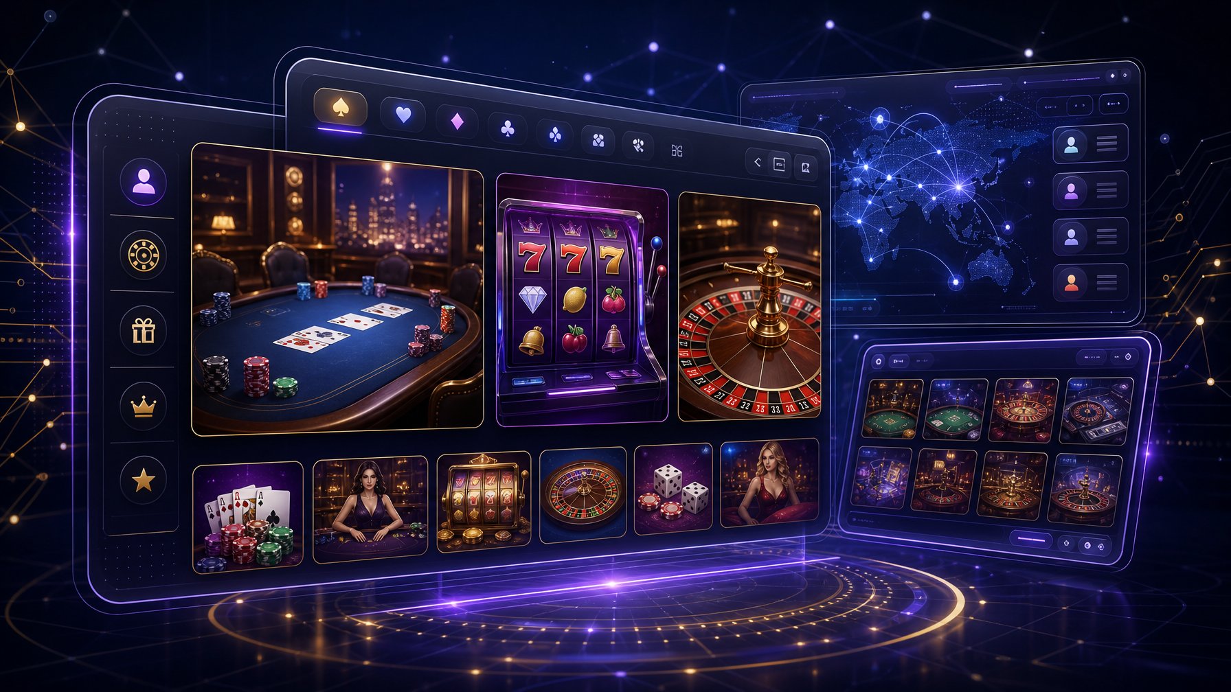A Digital Illustration Showing A Modern Online Casino Game Lobby With Multiple Game Windows And Abstract Network Elements In The Background.