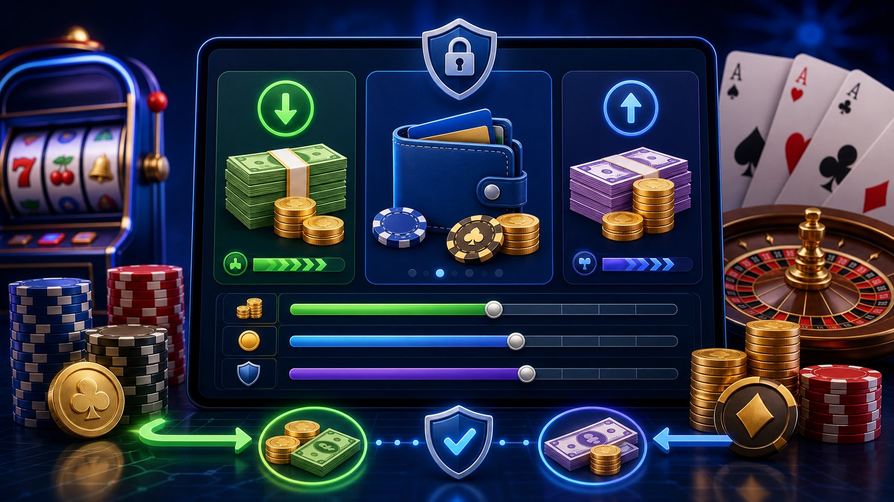 A Digital Interface Showing Coins, Banknotes, A Wallet Icon, And Progress Bars Representing Deposits, Withdrawals, And Transaction Limits With Casino Elements Like Poker Chips And Playing Cards In The Background.