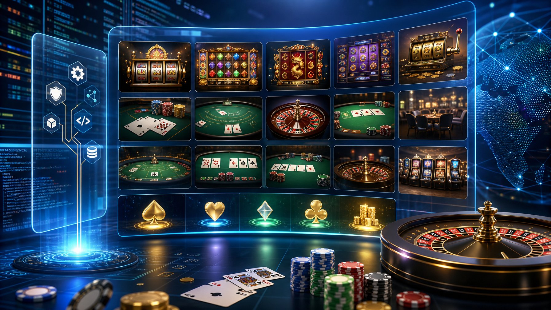 A Digital Interface Showing A Variety Of Casino Games Like Slots, Poker, Blackjack, And Roulette Alongside Abstract Representations Of Software And Data Connections.