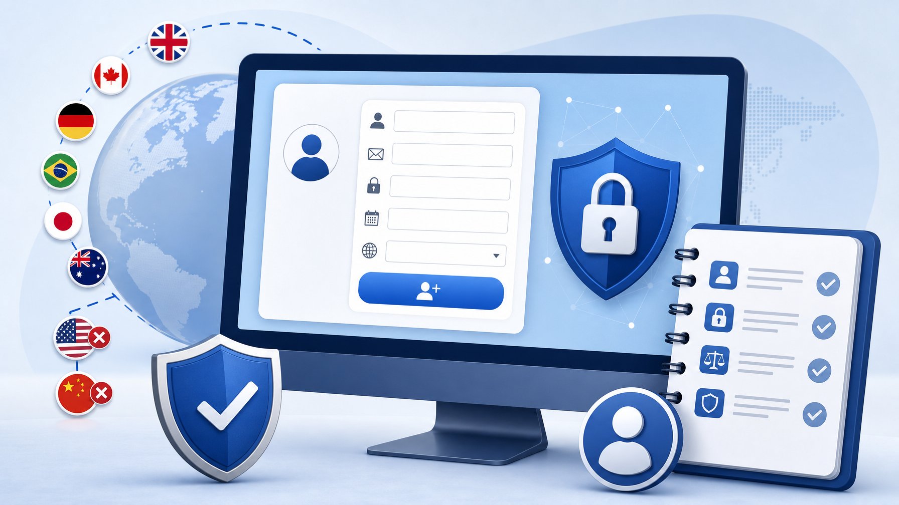 A Computer Screen Showing A Secure Registration Form With Country Flags And A Checklist Nearby, Symbolizing Online Casino Registration, Country Access, And Account Rules.