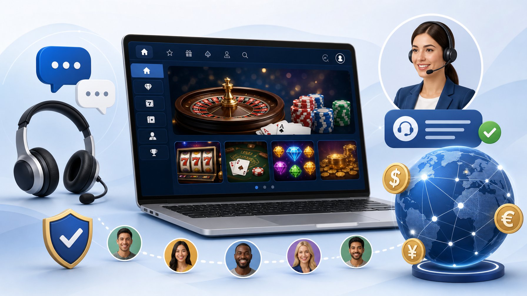 A Laptop Displaying An Online Casino Interface Surrounded By Customer Support Icons And Global Market Symbols.