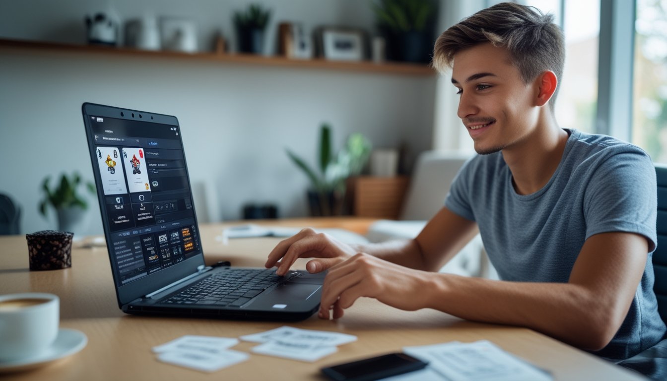 Seseorang duduk di meja kerja dengan laptop, fokus memainkan permainan kartu online di ruang tamu yang terang.