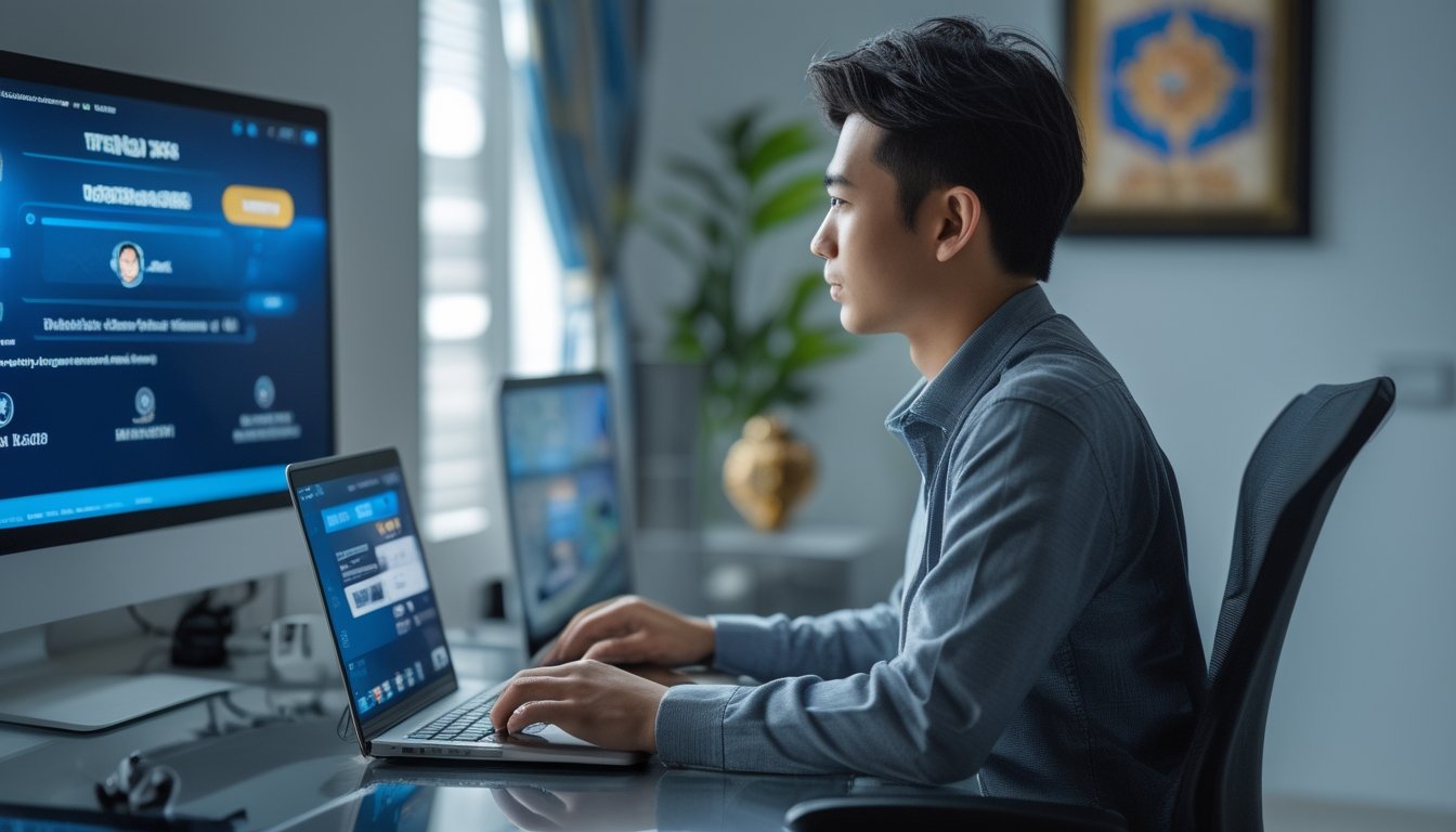 Seorang pria muda sedang duduk di meja kerja dengan laptop dan ponsel, menggunakan layanan online di rumah dengan dekorasi khas Thailand di latar belakang.