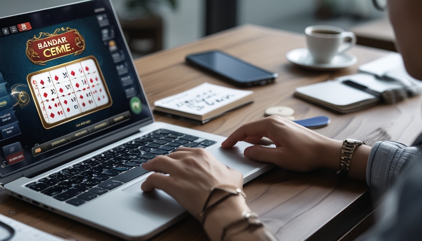 Seorang pemain menggunakan laptop untuk bermain kartu Bandar Ceme online di sebuah meja kerja dengan alat tulis dan kopi.