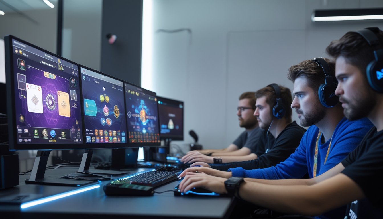 Beberapa orang bermain game kartu online di meja dengan monitor dan peralatan gaming di ruangan modern.