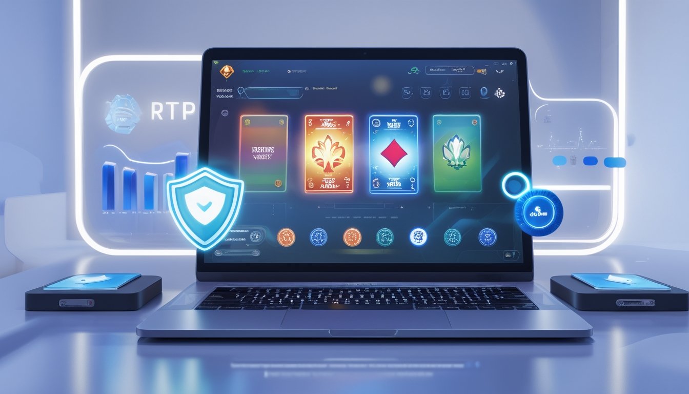 Seorang pengguna sedang bermain permainan kartu online di komputer dengan tampilan antarmuka permainan yang cerah dan modern, di lingkungan teknologi yang bersih dan futuristik.