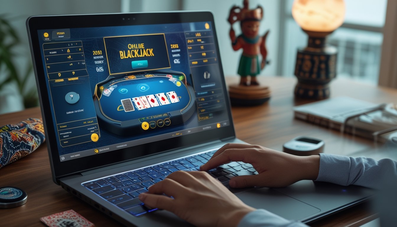 Seorang pemain menggunakan komputer dengan tampilan meja blackjack online yang jelas di ruang kerja yang rapi dan nyaman.