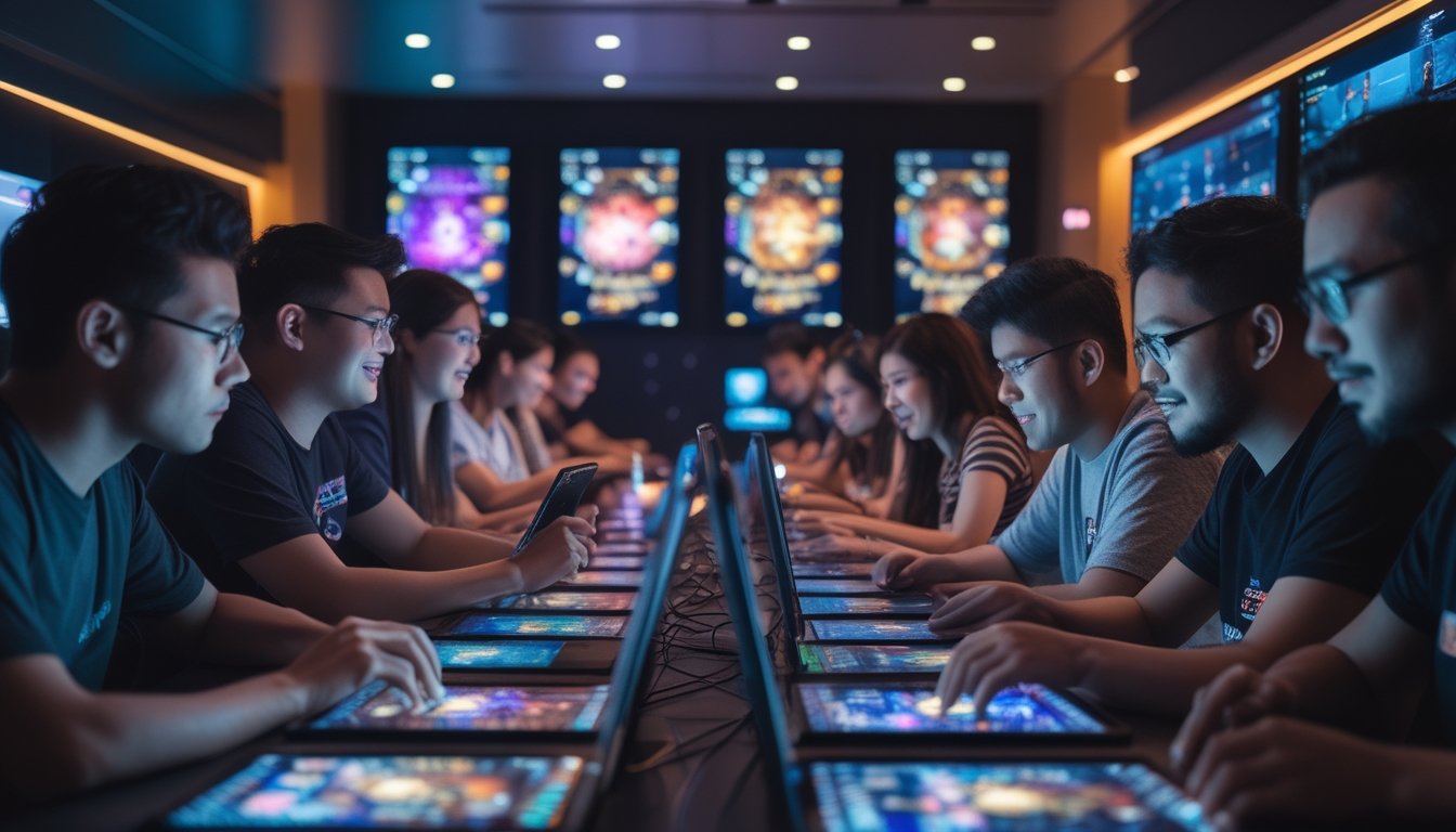 Sejumlah orang fokus bermain permainan kartu online di perangkat digital dalam ruangan modern dengan pencahayaan hangat.