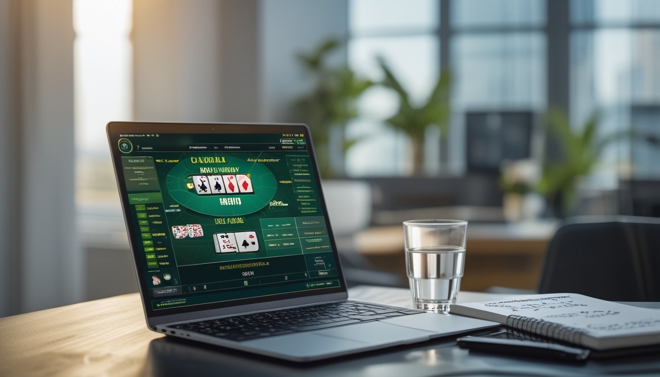 Seorang pria duduk di depan laptop dengan tampilan permainan blackjack online, di meja terdapat kopi dan catatan strategi, di ruang kerja rumah dengan pencahayaan alami.