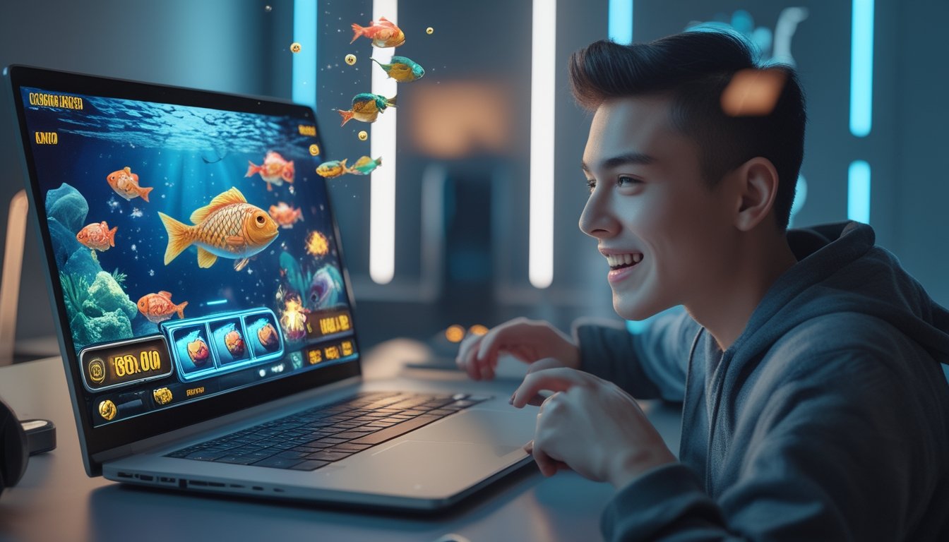 Seorang pemain muda sedang bermain permainan tembak ikan online di laptop di sebuah ruang kerja modern yang terang.