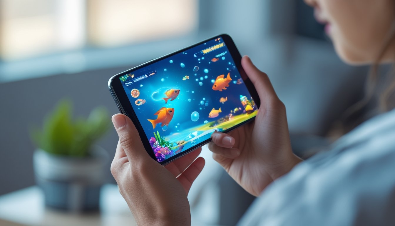 Seseorang memegang ponsel pintar yang menampilkan permainan tembak ikan online dengan latar belakang ruangan yang nyaman.